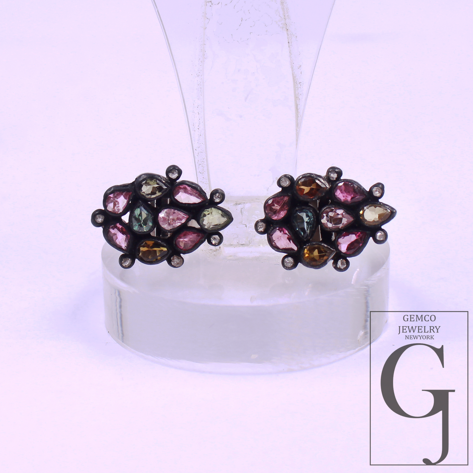 Natural Multi Tourmaline Earrings With Rosecut Pave Diamond 925 Sterling Silver Handmade Finish Earring For Everyday Wear