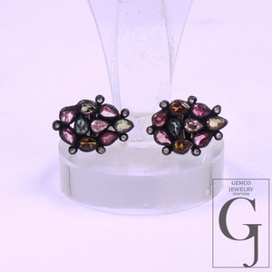 Natural Multi Tourmaline Earrings With Rosecut Pave Diamond 925 Sterling Silver Handmade Finish Earring For Everyday Wear
