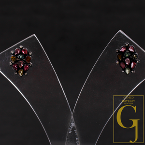 Natural Multi Tourmaline Earrings With Rosecut Pave Diamond 925 Sterling Silver Handmade Finish Earring For Everyday Wear