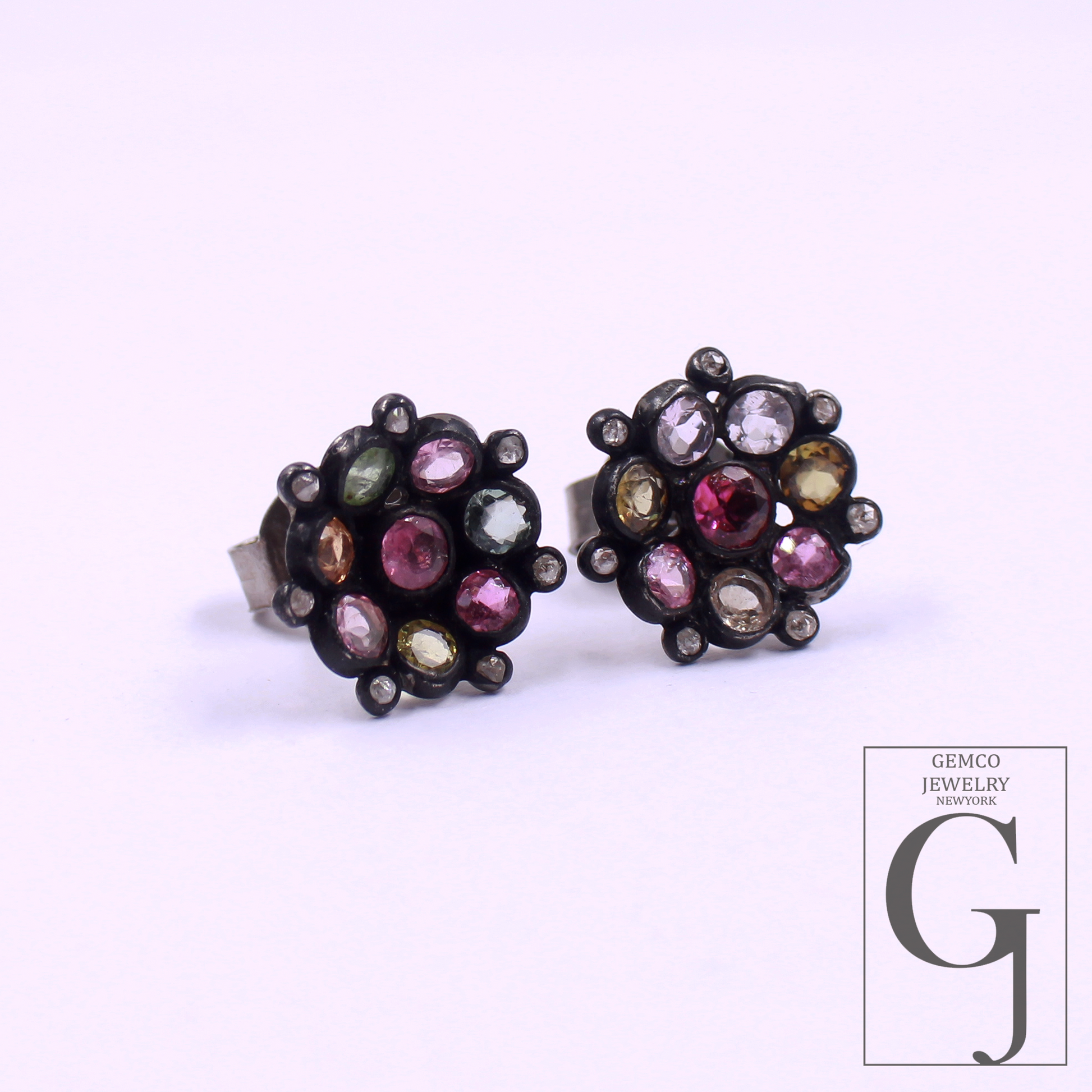 Multi Tourmaline & Rosecut Pave Diamonds Earrings 925 Sterling Silver Handmade Finish Diamond Jewelry Gift For Her