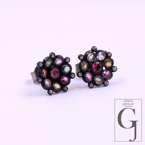 Multi Tourmaline & Rosecut Pave Diamonds Earrings 925 Sterling Silver Handmade Finish Diamond Jewelry Gift For Her