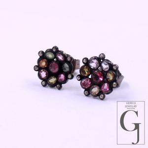 Multi Tourmaline & Rosecut Pave Diamonds Earrings 925 Sterling Silver Handmade Finish Diamond Jewelry Gift For Her