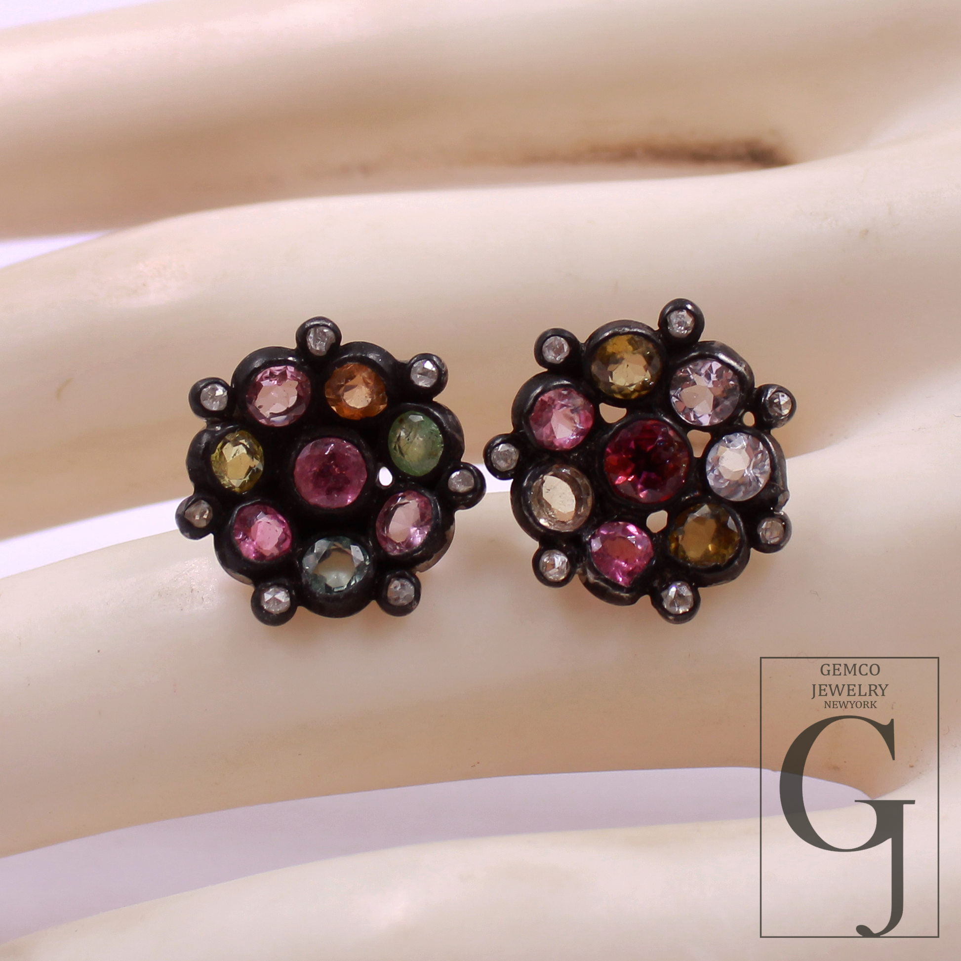 Multi Tourmaline & Rosecut Pave Diamonds Earrings 925 Sterling Silver Handmade Finish Diamond Jewelry Gift For Her