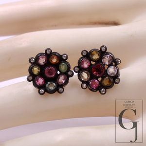 Multi Tourmaline & Rosecut Pave Diamonds Earrings 925 Sterling Silver Handmade Finish Diamond Jewelry Gift For Her
