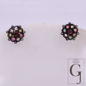 Multi Tourmaline & Rosecut Pave Diamonds Earrings 925 Sterling Silver Handmade Finish Diamond Jewelry Gift For Her