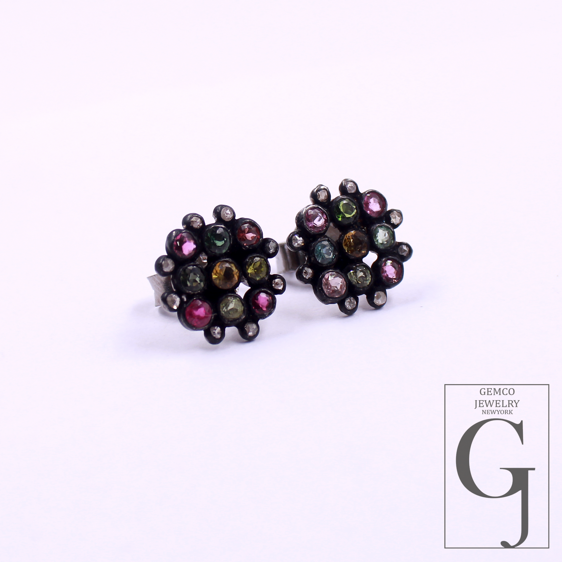 Beautiful Natural Multi Tourmaline Earrings With Rosecut Pave Diamonds 925 Sterling Silver Handmade Finish Jewelry Gift For Her