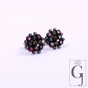 Beautiful Natural Multi Tourmaline Earrings With Rosecut Pave Diamonds 925 Sterling Silver Handmade Finish Jewelry Gift For Her