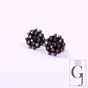 Beautiful Natural Multi Tourmaline Earrings With Rosecut Pave Diamonds 925 Sterling Silver Handmade Finish Jewelry Gift For Her