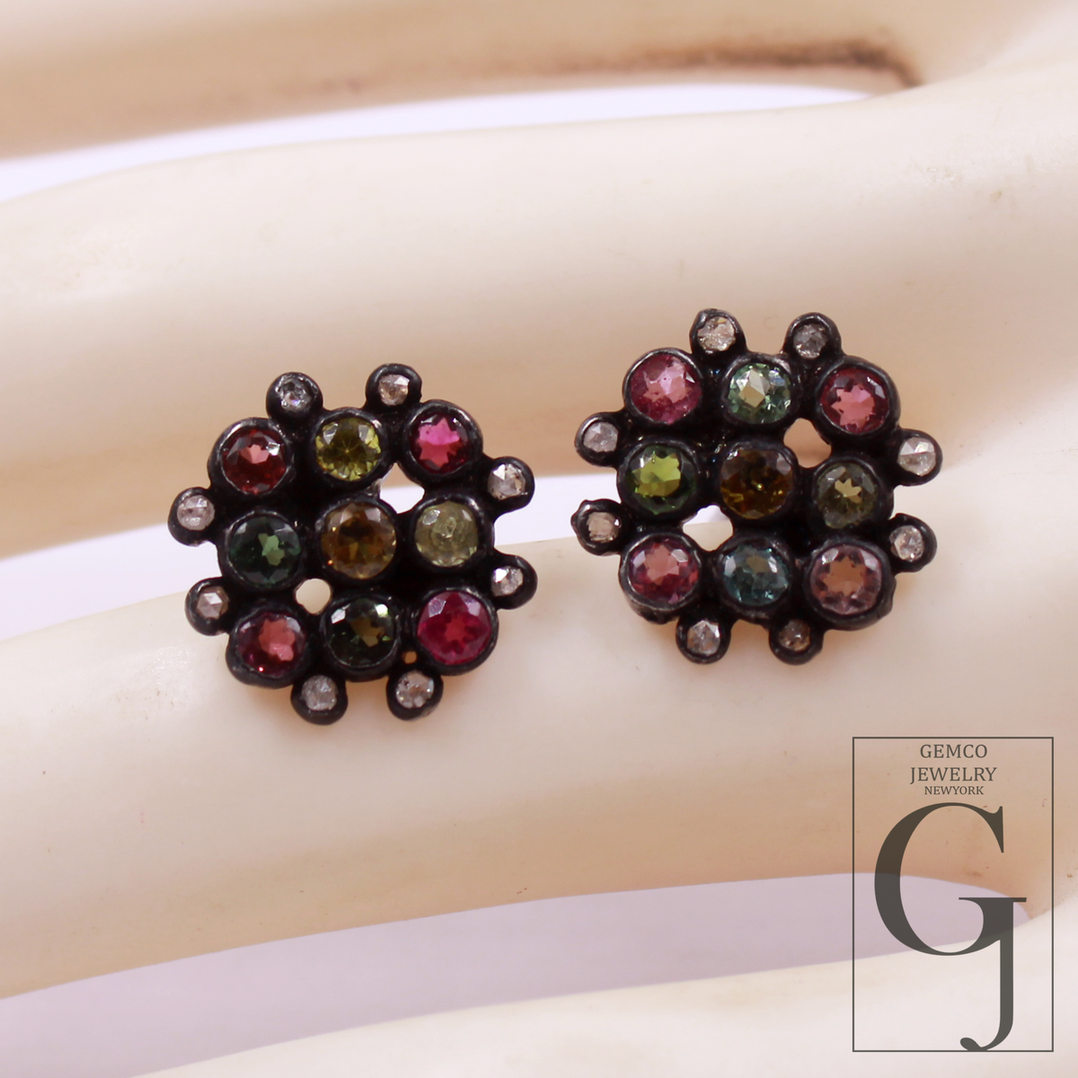 Beautiful Natural Multi Tourmaline Earrings With Rosecut Pave Diamonds 925 Sterling Silver Handmade Finish Jewelry Gift For Her