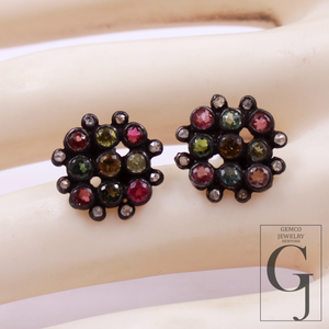Beautiful Natural Multi Tourmaline Earrings With Rosecut Pave Diamonds 925 Sterling Silver Handmade Finish Jewelry Gift For Her