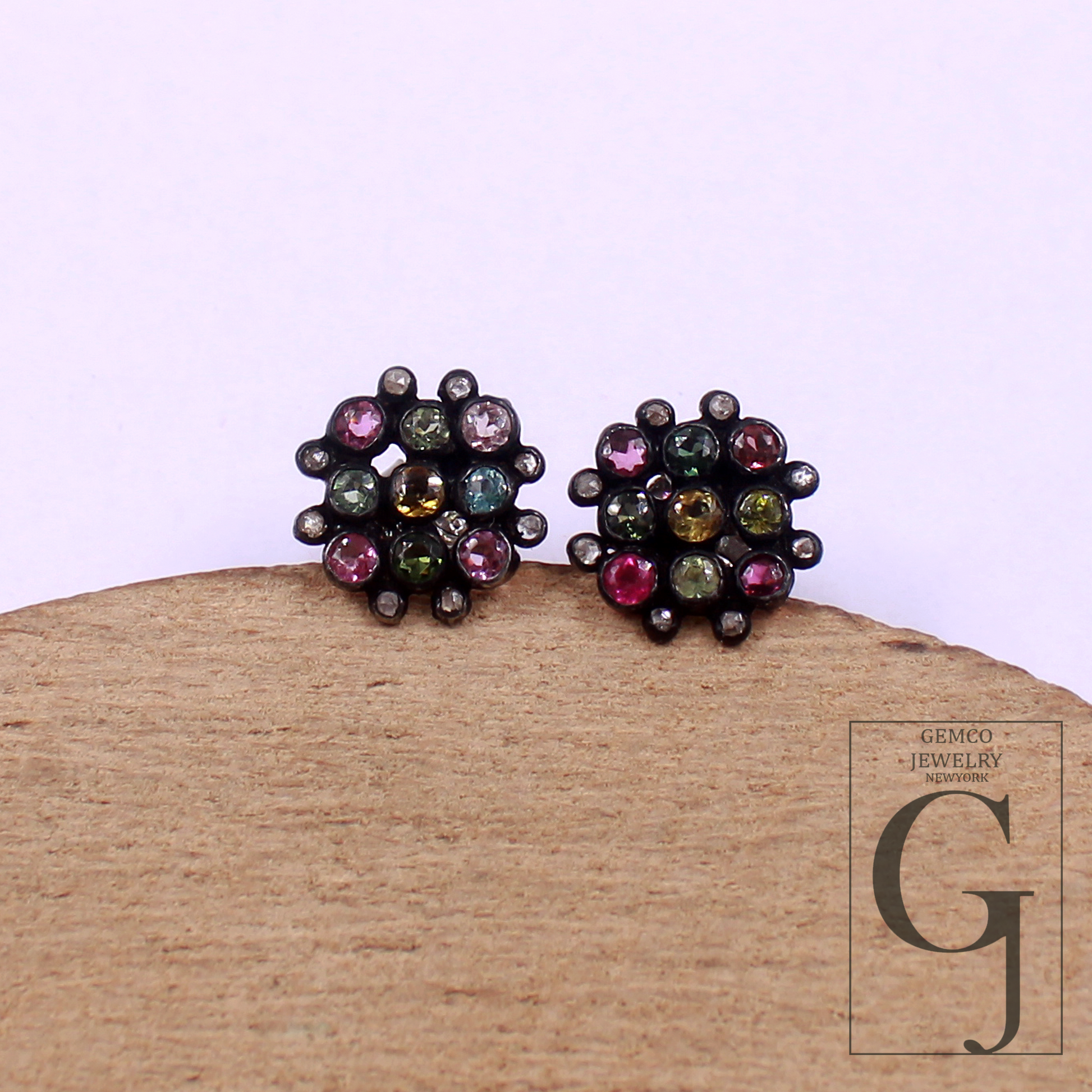Beautiful Natural Multi Tourmaline Earrings With Rosecut Pave Diamonds 925 Sterling Silver Handmade Finish Jewelry Gift For Her
