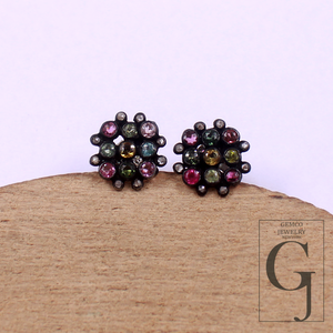 Beautiful Natural Multi Tourmaline Earrings With Rosecut Pave Diamonds 925 Sterling Silver Handmade Finish Jewelry Gift For Her
