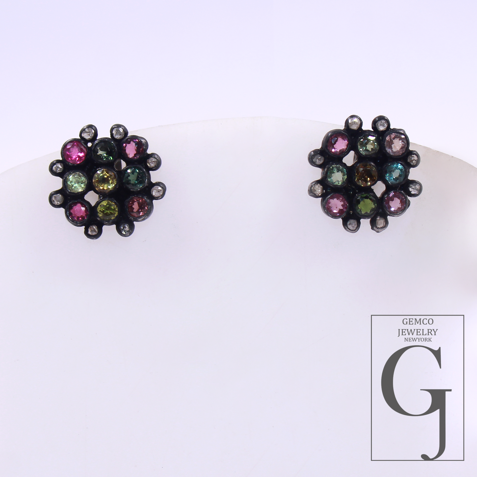Beautiful Natural Multi Tourmaline Earrings With Rosecut Pave Diamonds 925 Sterling Silver Handmade Finish Jewelry Gift For Her