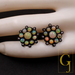Natural Ethiopian Opal Earrings With Rosecut Pave Diamonds In 925 Sterling Silver Handmade Finish Opal Earrings Jewelry For Everyday Wear