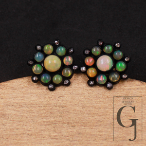 Natural Ethiopian Opal Earrings With Rosecut Pave Diamonds In 925 Sterling Silver Handmade Finish Opal Earrings Jewelry For Everyday Wear
