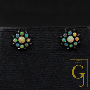 Natural Ethiopian Opal Earrings With Rosecut Pave Diamonds In 925 Sterling Silver Handmade Finish Opal Earrings Jewelry For Everyday Wear