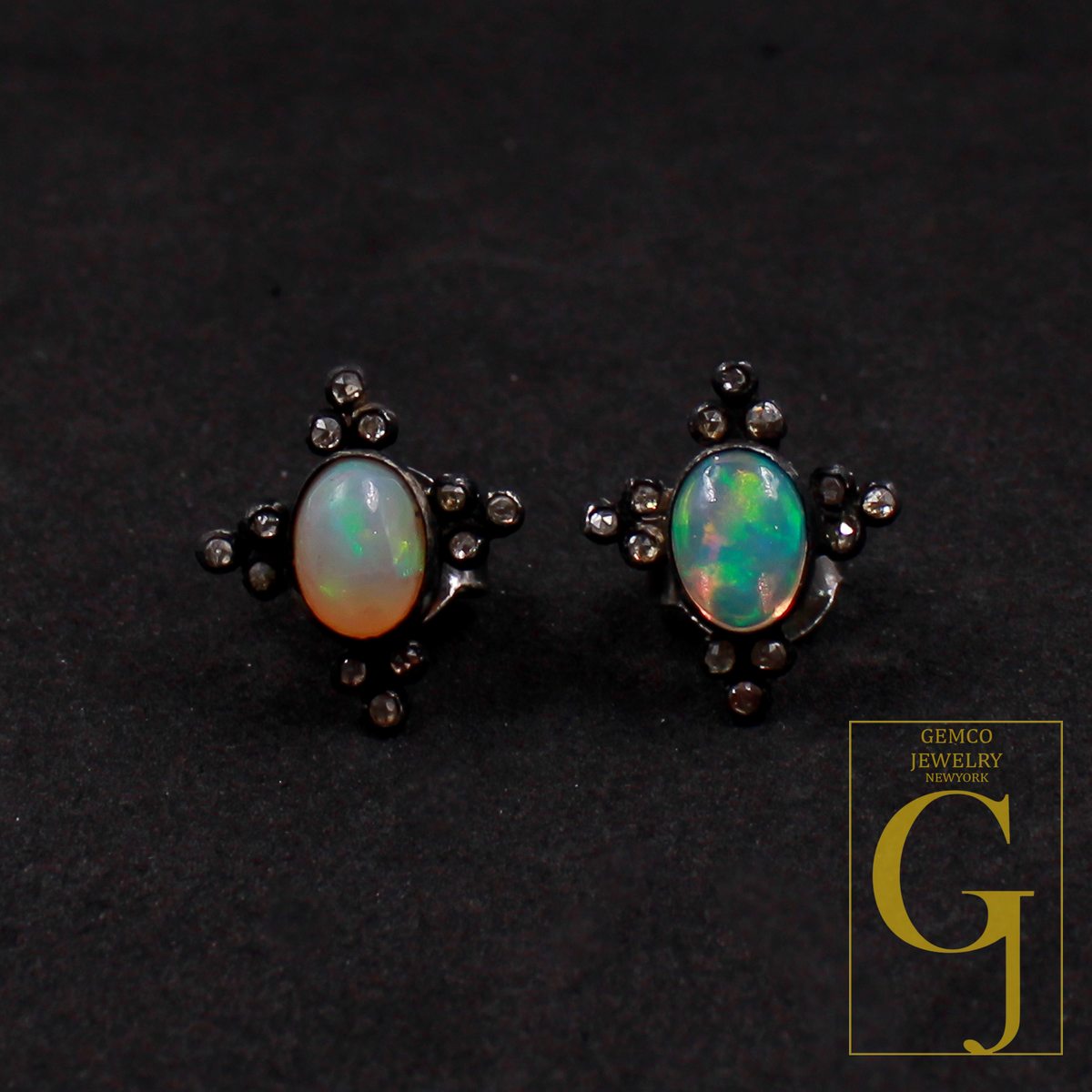 Ethiopian Opal Earrings With Rosecut Pave Diamond 925 Sterling Silver Handmade Diamond Jewelry For Everyday Wear