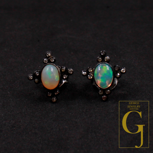 Ethiopian Opal Earrings With Rosecut Pave Diamond 925 Sterling Silver Handmade Diamond Jewelry For Everyday Wear