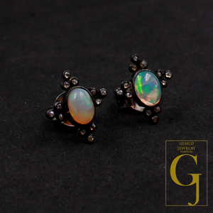 Ethiopian Opal Earrings With Rosecut Pave Diamond 925 Sterling Silver Handmade Diamond Jewelry For Everyday Wear