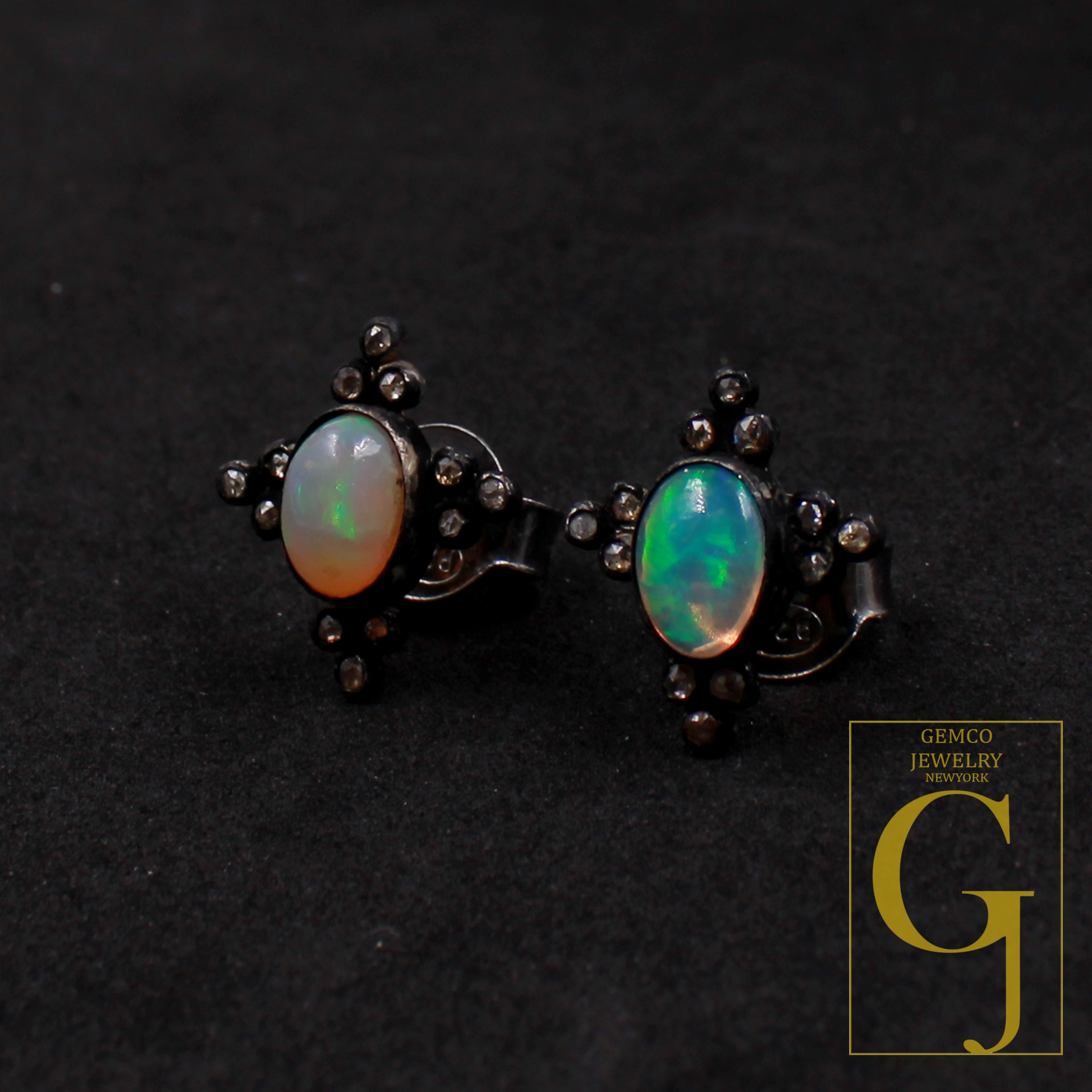 Ethiopian Opal Earrings With Rosecut Pave Diamond 925 Sterling Silver Handmade Diamond Jewelry For Everyday Wear