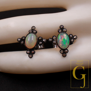 Ethiopian Opal Earrings With Rosecut Pave Diamond 925 Sterling Silver Handmade Diamond Jewelry For Everyday Wear