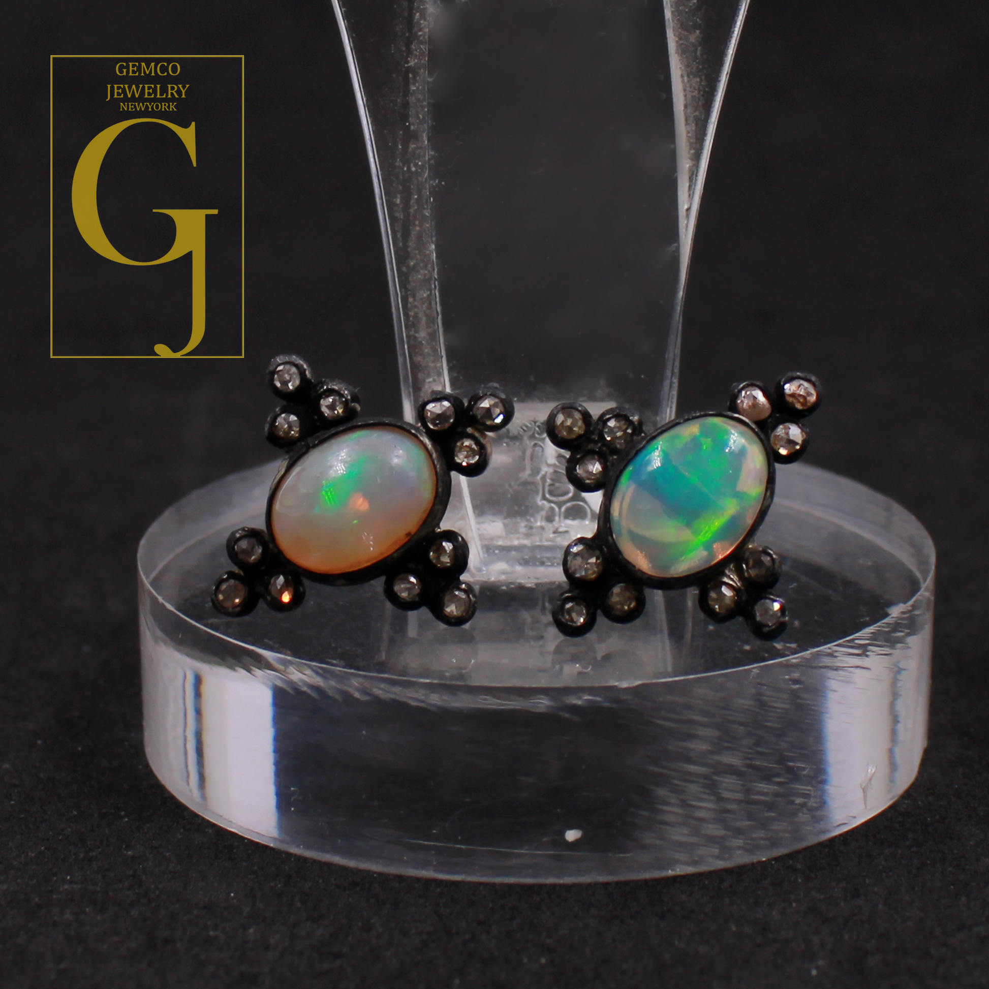 Ethiopian Opal Earrings With Rosecut Pave Diamond 925 Sterling Silver Handmade Diamond Jewelry For Everyday Wear