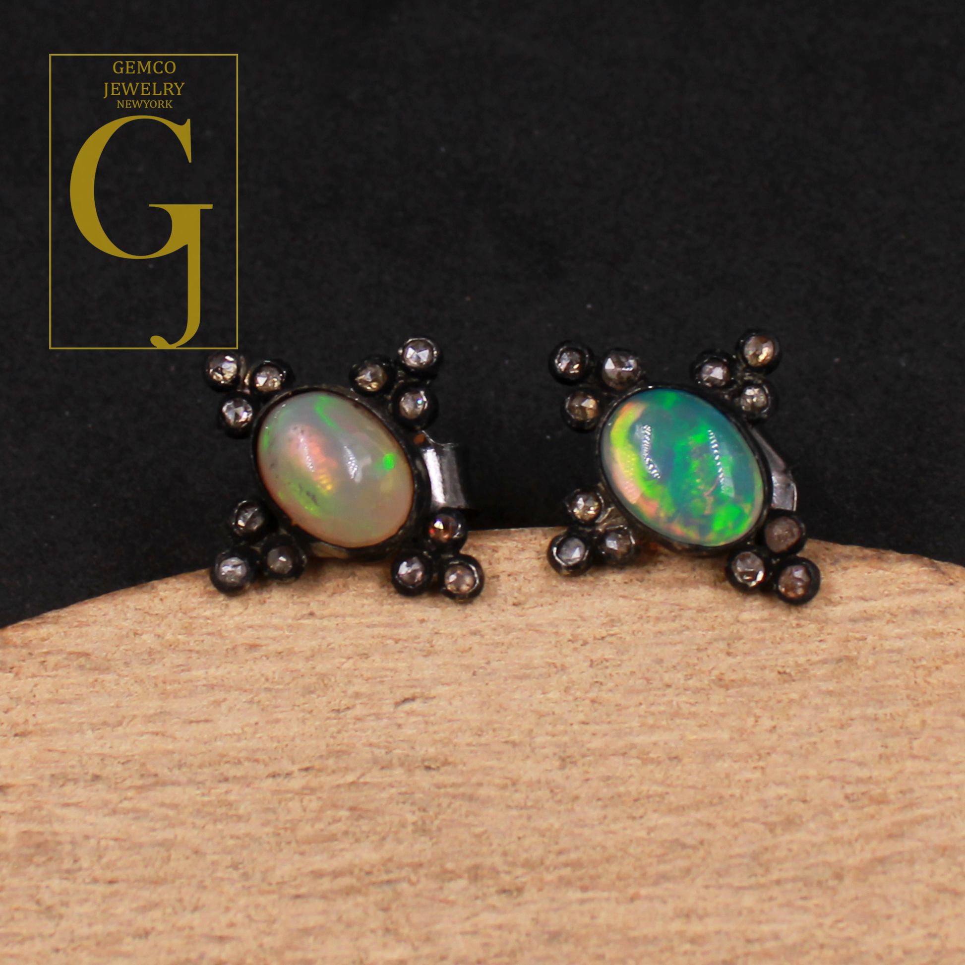 Ethiopian Opal Earrings With Rosecut Pave Diamond 925 Sterling Silver Handmade Diamond Jewelry For Everyday Wear