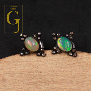 Ethiopian Opal Earrings With Rosecut Pave Diamond 925 Sterling Silver Handmade Diamond Jewelry For Everyday Wear