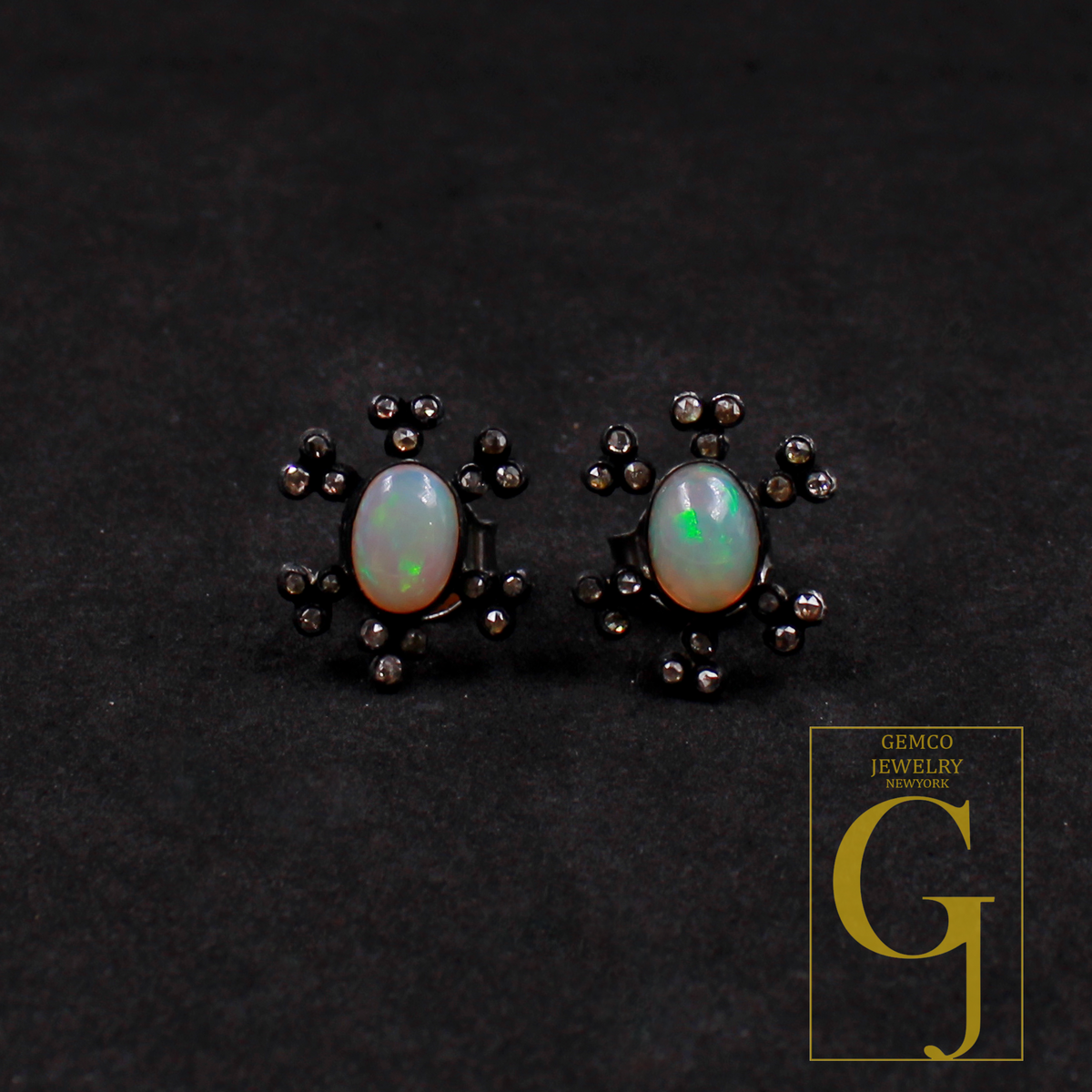 Designer Ethiopian Opal Earrings With Rosecut Pave Diamond 925 Sterling Silver Handmade Diamond Jewelry For Everyday Wear