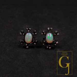 Designer Ethiopian Opal Earrings With Rosecut Pave Diamond 925 Sterling Silver Handmade Diamond Jewelry For Everyday Wear