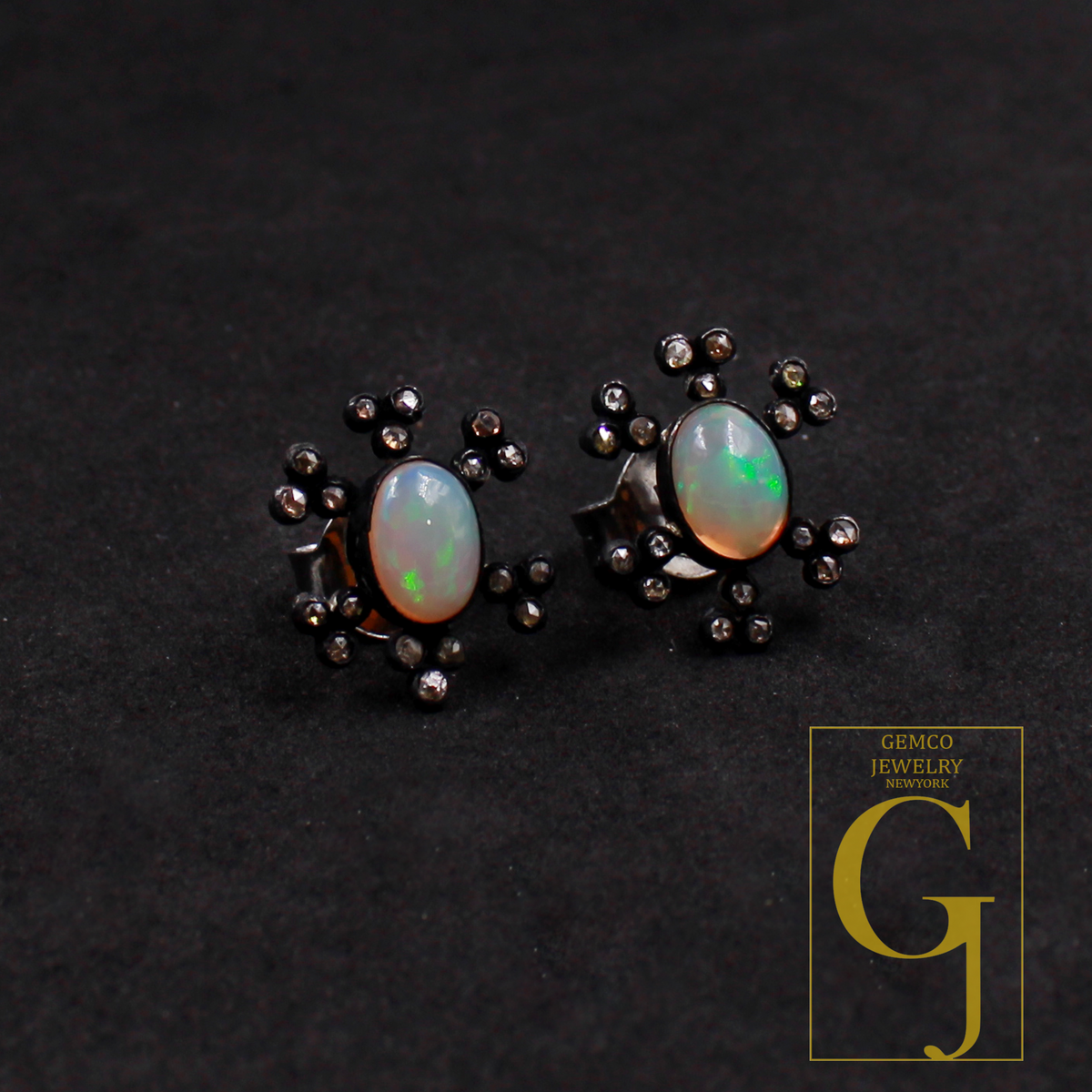 Designer Ethiopian Opal Earrings With Rosecut Pave Diamond 925 Sterling Silver Handmade Diamond Jewelry For Everyday Wear