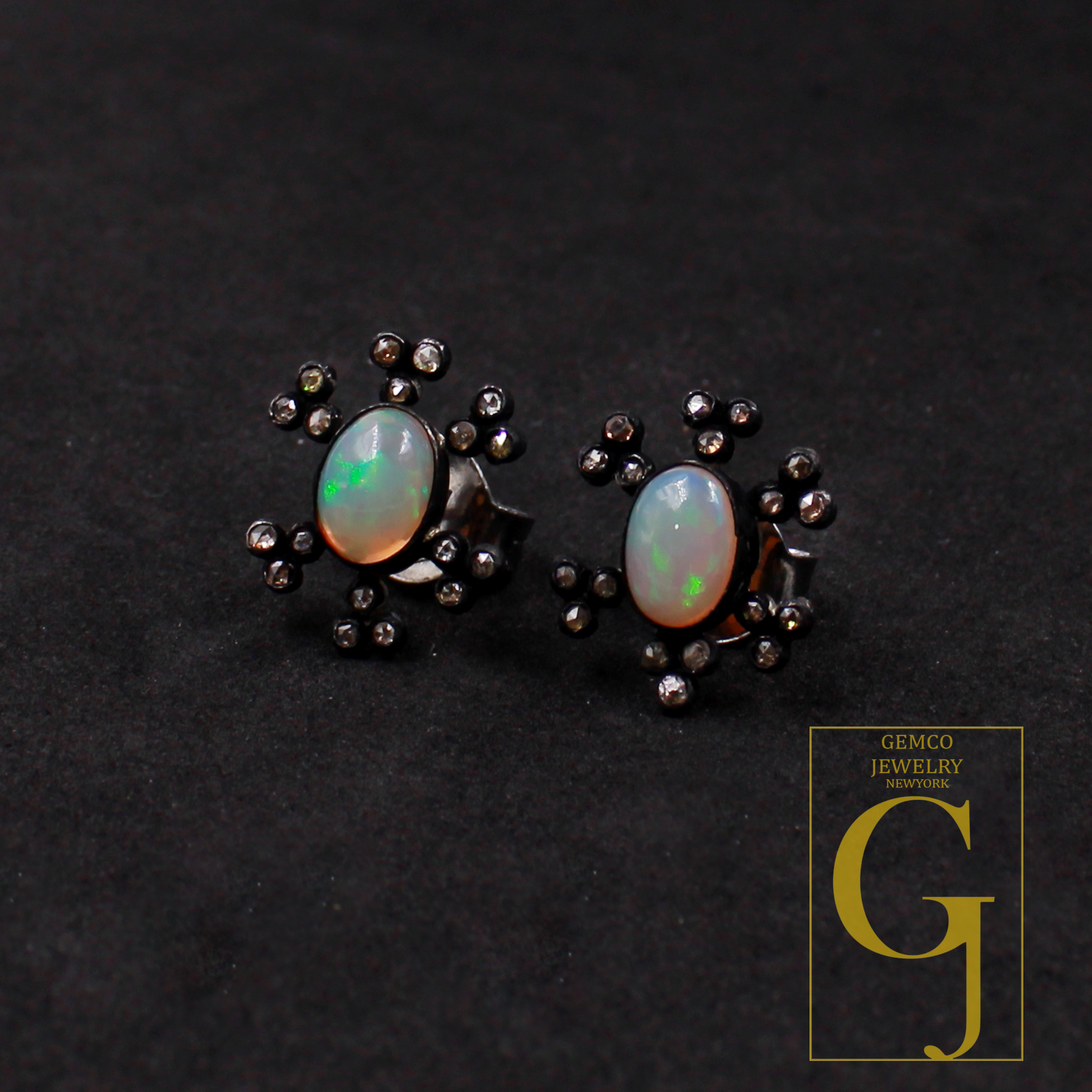 Designer Ethiopian Opal Earrings With Rosecut Pave Diamond 925 Sterling Silver Handmade Diamond Jewelry For Everyday Wear