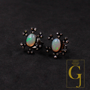 Designer Ethiopian Opal Earrings With Rosecut Pave Diamond 925 Sterling Silver Handmade Diamond Jewelry For Everyday Wear