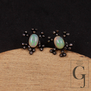 Designer Ethiopian Opal Earrings With Rosecut Pave Diamond 925 Sterling Silver Handmade Diamond Jewelry For Everyday Wear