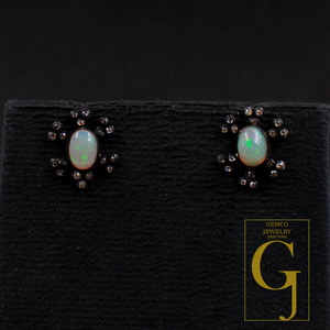 Designer Ethiopian Opal Earrings With Rosecut Pave Diamond 925 Sterling Silver Handmade Diamond Jewelry For Everyday Wear