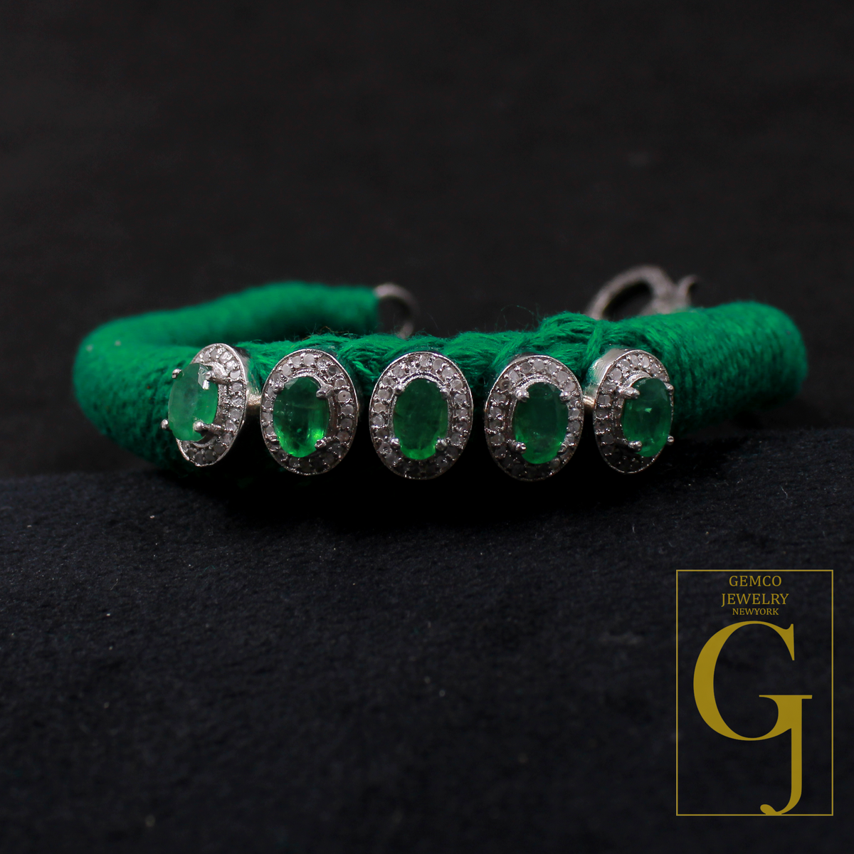 Handmade Natural Emerald Thread Bracelet With Rosecut Pave Diamond In 925 Sterling Silver Beautiful Emerald Jewelry For Everyday Wear