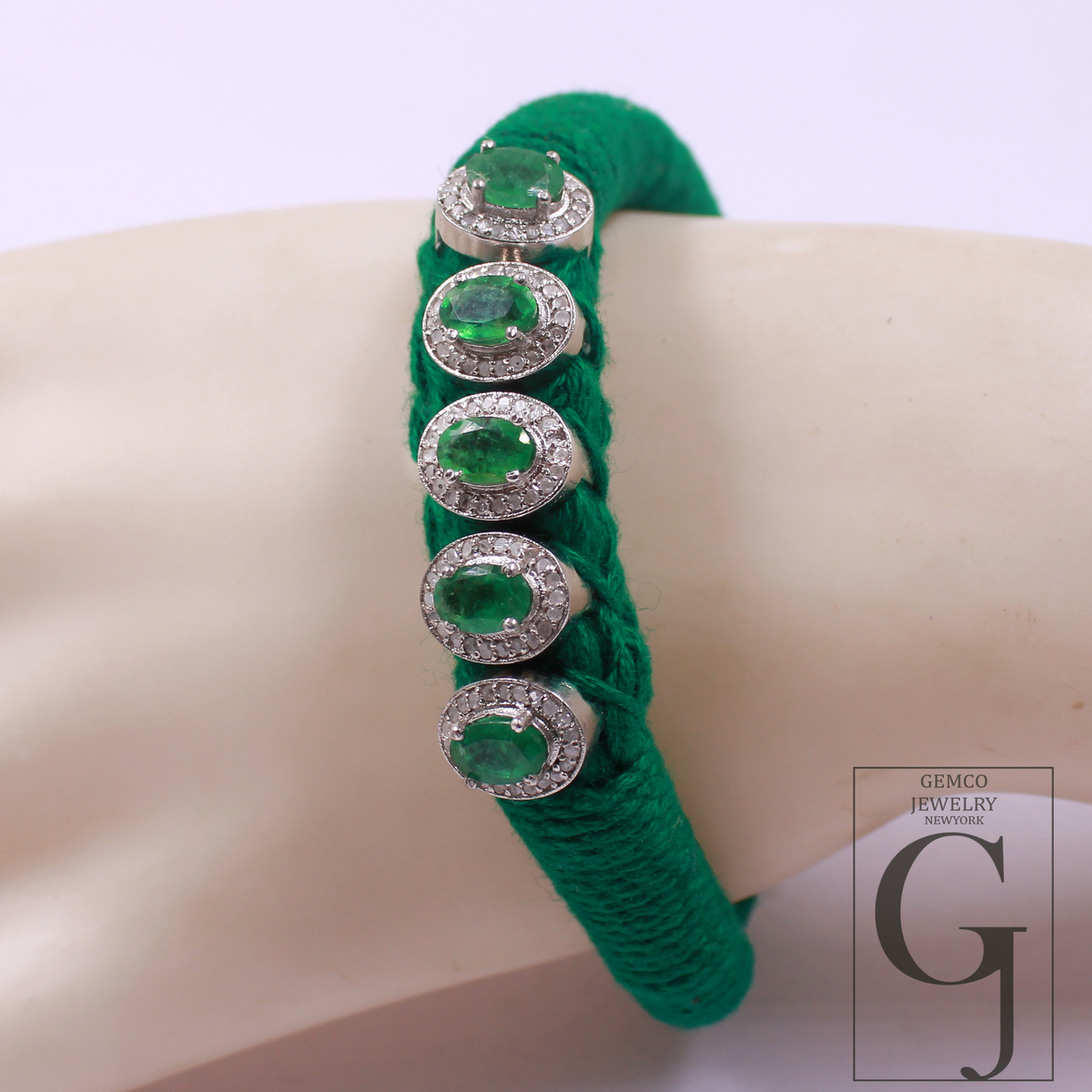 Handmade Natural Emerald Thread Bracelet With Rosecut Pave Diamond In 925 Sterling Silver Beautiful Emerald Jewelry For Everyday Wear
