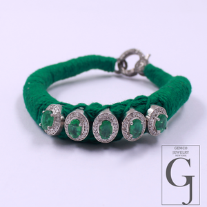 Handmade Natural Emerald Thread Bracelet With Rosecut Pave Diamond In 925 Sterling Silver Beautiful Emerald Jewelry For Everyday Wear