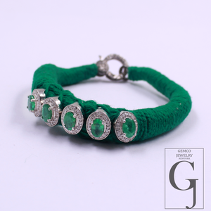 Handmade Natural Emerald Thread Bracelet With Rosecut Pave Diamond In 925 Sterling Silver Beautiful Emerald Jewelry For Everyday Wear