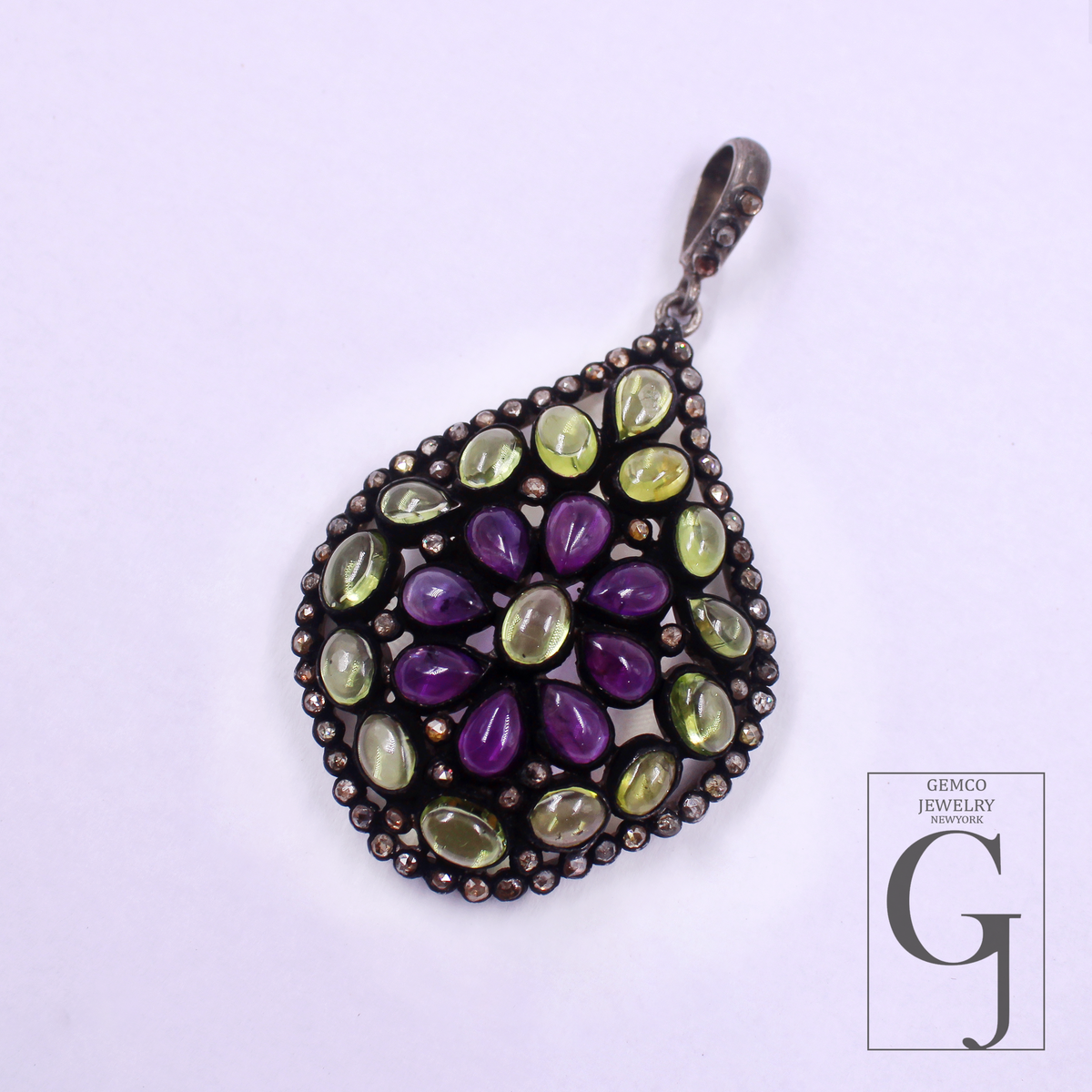 Designer Peridot & Amethyst Pendant With Rosecut Pave Diamond Made In 925 Sterling Silver Natural Diamond Jewelry Gift For Her