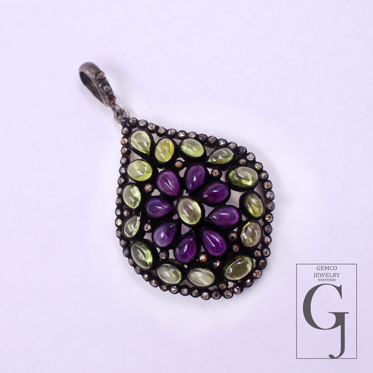 Designer Peridot & Amethyst Pendant With Rosecut Pave Diamond Made In 925 Sterling Silver Natural Diamond Jewelry Gift For Her