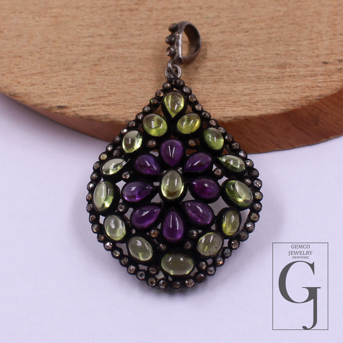 Designer Peridot & Amethyst Pendant With Rosecut Pave Diamond Made In 925 Sterling Silver Natural Diamond Jewelry Gift For Her