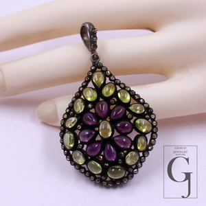 Designer Peridot & Amethyst Pendant With Rosecut Pave Diamond Made In 925 Sterling Silver Natural Diamond Jewelry Gift For Her