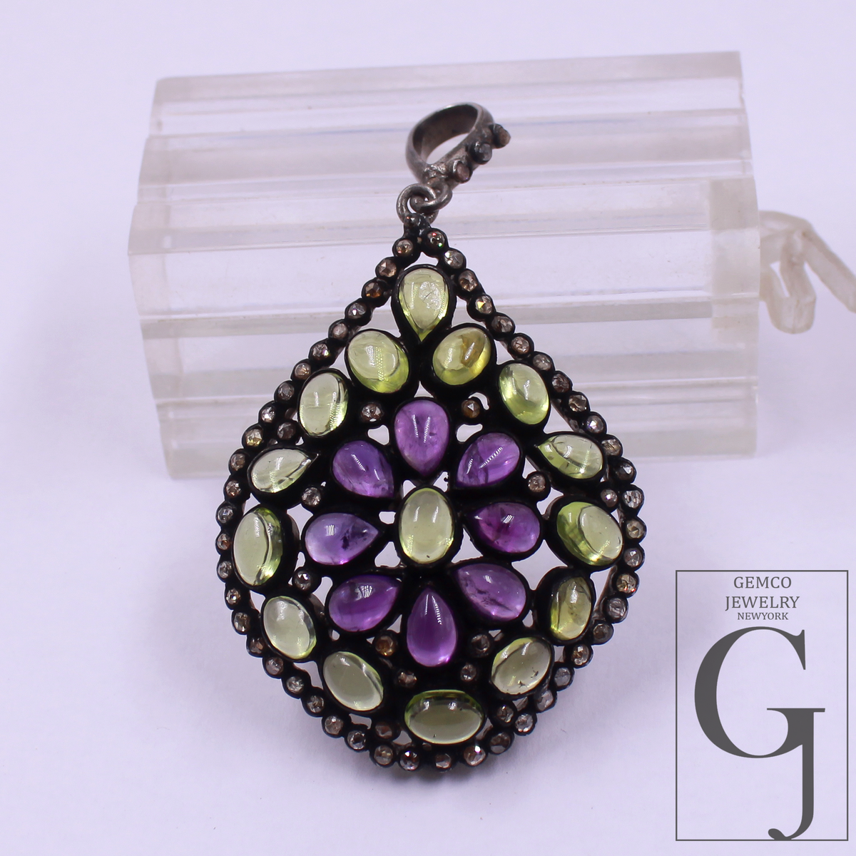 Designer Peridot & Amethyst Pendant With Rosecut Pave Diamond Made In 925 Sterling Silver Natural Diamond Jewelry Gift For Her