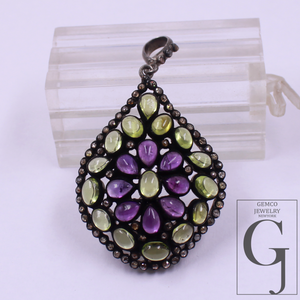 Designer Peridot & Amethyst Pendant With Rosecut Pave Diamond Made In 925 Sterling Silver Natural Diamond Jewelry Gift For Her