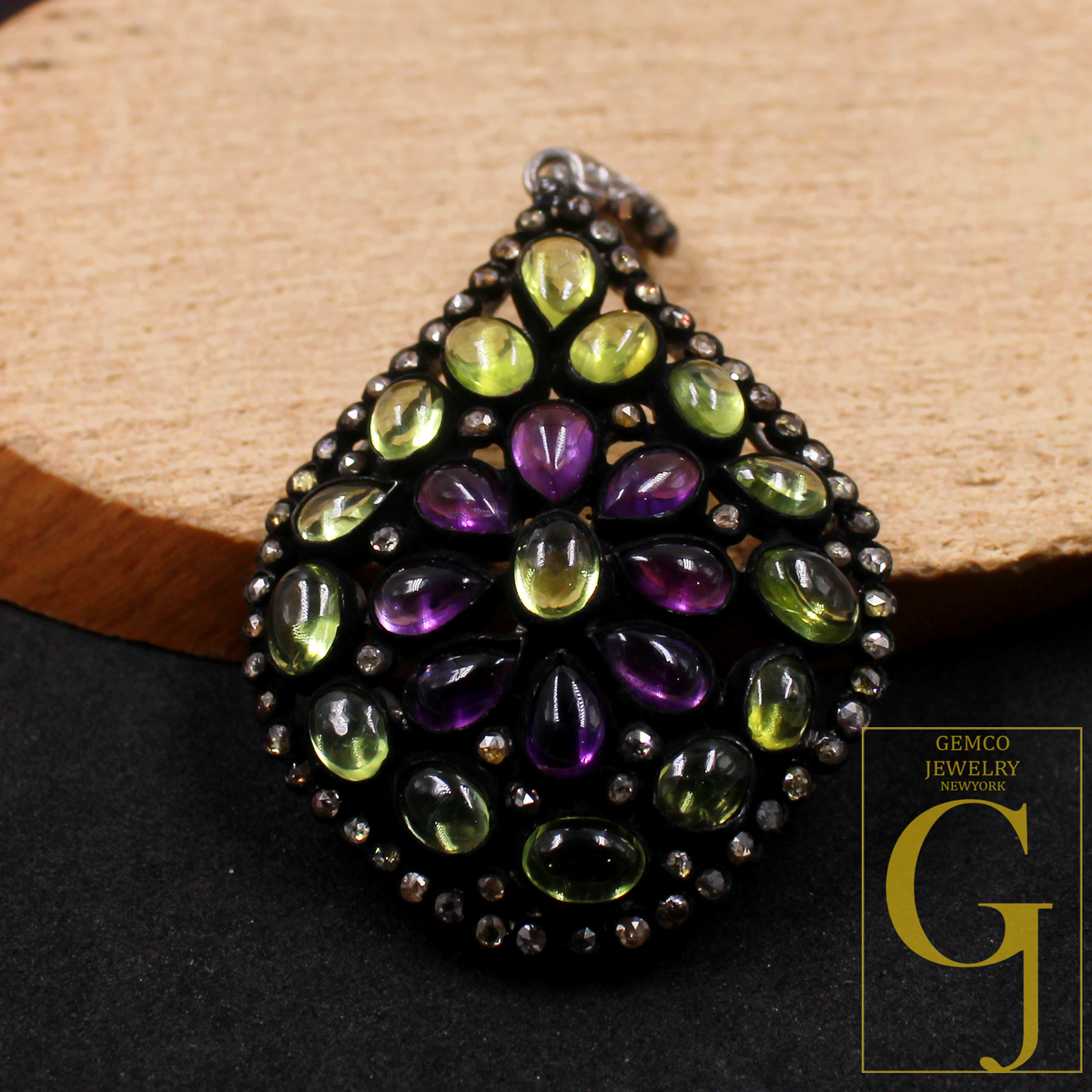 Designer Peridot & Amethyst Pendant With Rosecut Pave Diamond Made In 925 Sterling Silver Natural Diamond Jewelry Gift For Her
