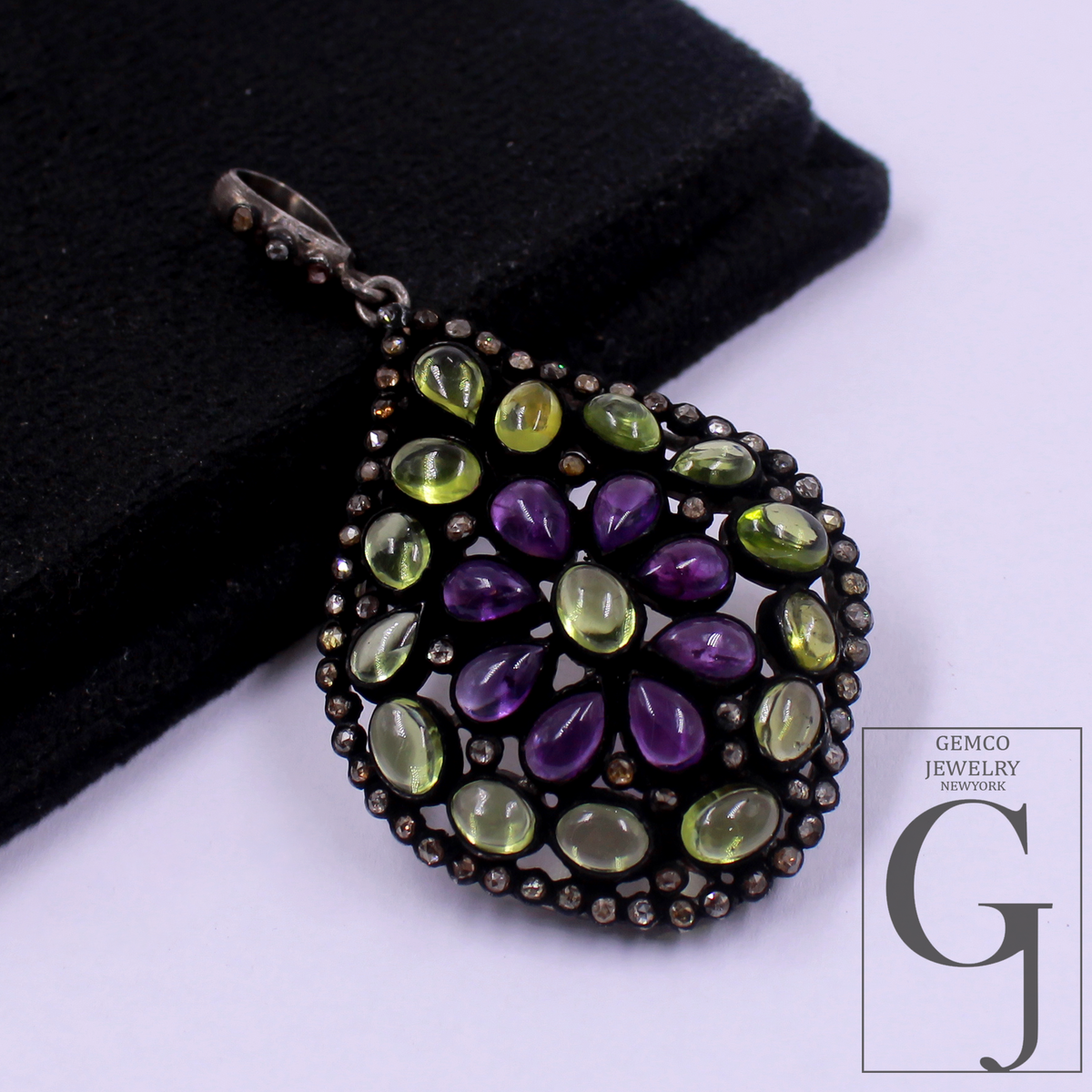 Designer Peridot & Amethyst Pendant With Rosecut Pave Diamond Made In 925 Sterling Silver Natural Diamond Jewelry Gift For Her