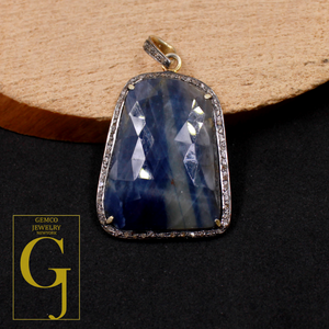 Natural Blue Sapphire Pendant With Pave Diamonds Made In 925 Sterling Silver Handmade Finish Diamond Jewelry Gift For Her