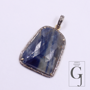 Natural Blue Sapphire Pendant With Pave Diamonds Made In 925 Sterling Silver Handmade Finish Diamond Jewelry Gift For Her