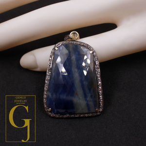 Natural Blue Sapphire Pendant With Pave Diamonds Made In 925 Sterling Silver Handmade Finish Diamond Jewelry Gift For Her
